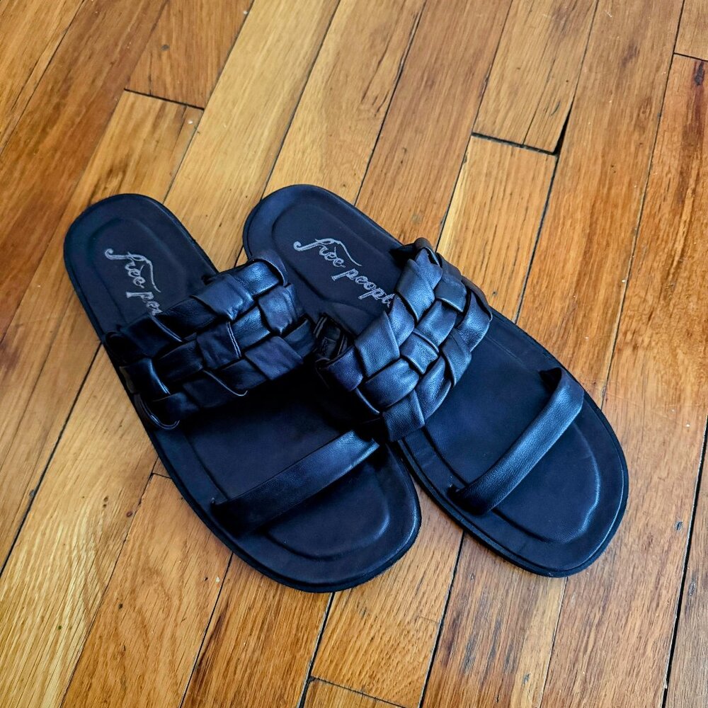 Free People Black Woven Leather Slide Sandals EU 39 US 8.5 Braided Boho Slides